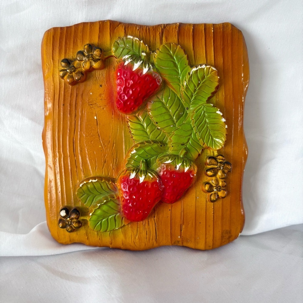 Vintage strawberry home decor wall hanging plaque artwork ceramic 1970s